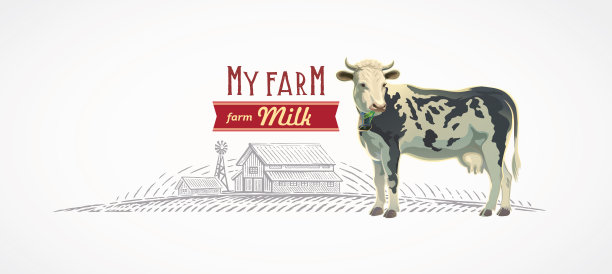 牛，以彩色绘制，并以图形风格描绘了带有农场的乡村景观。图片下载