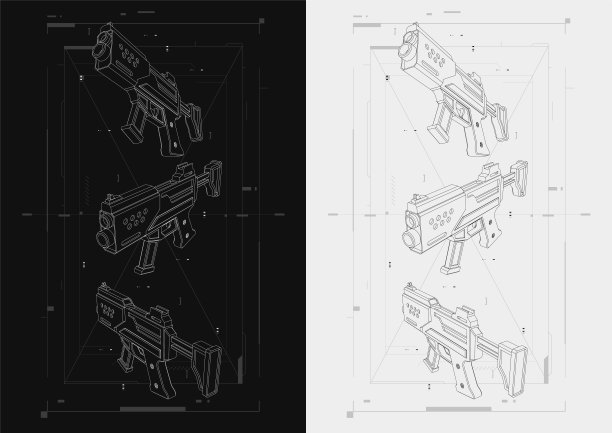矢量子机枪HUD设计矢量插图。网站、书籍封面、手机应用和游戏的武器设计海报。图片下载
