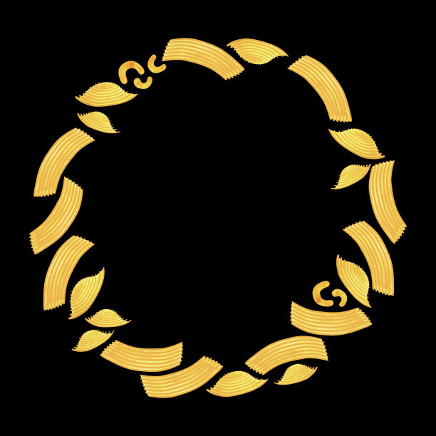 由不同种类的意大利面食制成的圆形框架，用于设计菜单、证书和小册子，以及为咖啡馆做广告。花环。孤立的水彩插图。剪纸艺术。图片下载