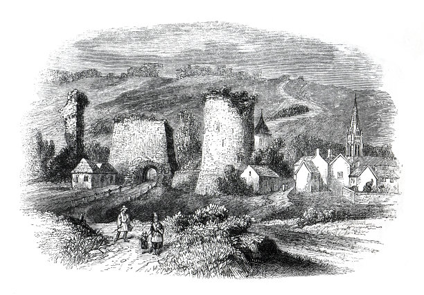 古代罗马。利勒伯恩城堡。废墟的复古景观。风景如画的风景。手绘雕刻复古插图。老英格兰。图片下载