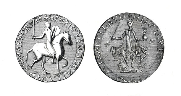 古代或古代的英国罗马硬币。英国最早的硬币。亨利一世的伟大印章。手绘复古雕刻插图。来自英国的古董钱。图片下载