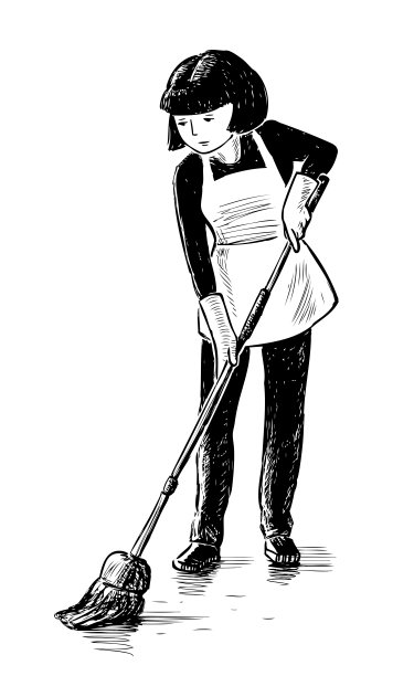 手绘年轻的清洁妇女用拖把洗地板，矢量黑色和白色插图孤立在白色图片下载