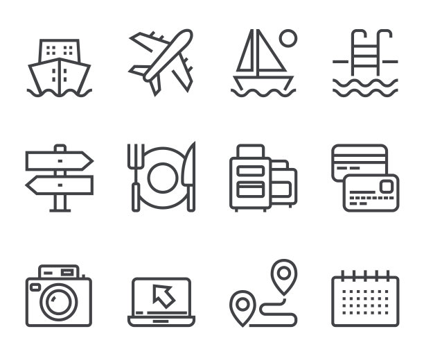 旅游线路图标。一套轮廓符号，简洁的图形元素，现代线性风格的黑色象形文字集合。矢量线图标集图片下载