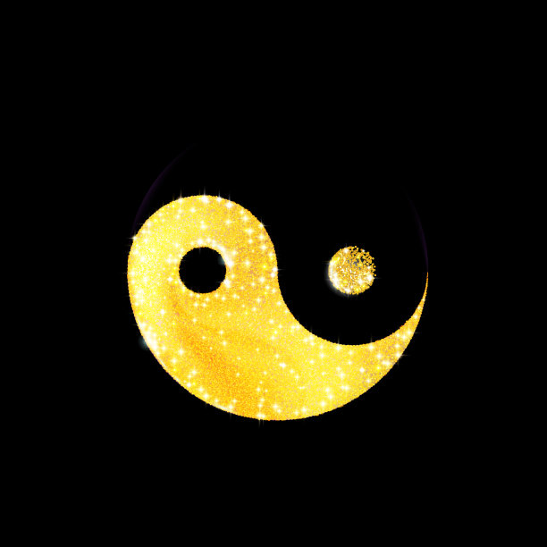 艺术金黄纹理屑阴阳造型，图标。精神放松，瑜伽或冥想。金色的闪光，在黑色的衬托下闪闪发光。尘散，粒沙。插图图片下载