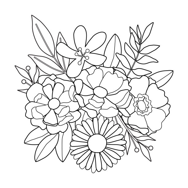 彩色页与花束不同的鲜花。儿童花卉图片与轮廓植物。黑色和白色的方形矢量插图。图片下载