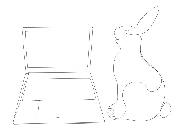 一个连续线的笔记本电脑与复活节兔子。细线插图矢量概念。轮廓画创意。图片下载