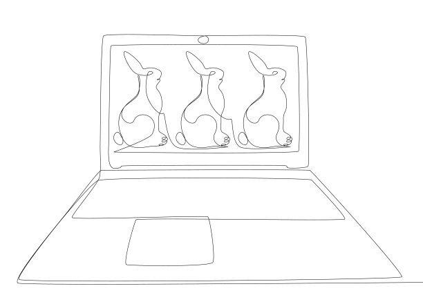 一个连续线的笔记本电脑与复活节兔子。细线插图矢量概念。轮廓画创意。图片下载