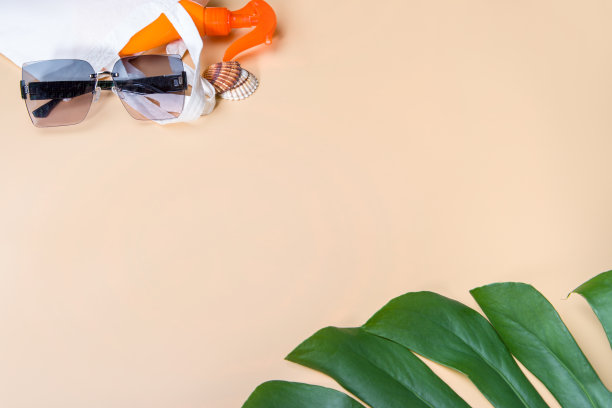 防晒霜喷雾、太阳镜、绿叶和贝壳的俯视图照片图片下载