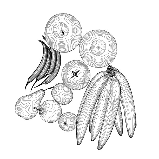 水果轮廓:香蕉、苹果、梨、辣椒、番茄，在白色的背景上用黑线隔开。矢量插图。图片下载