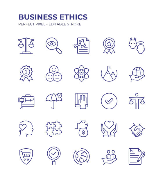 商业道德可编辑行图标集包含道德、诚信、企业社会责任、核心价值观、质量、可靠性等图标图片下载