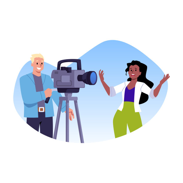 贴纸风格的插图，一个男摄影师用摄像机拍摄一个女人。图片下载