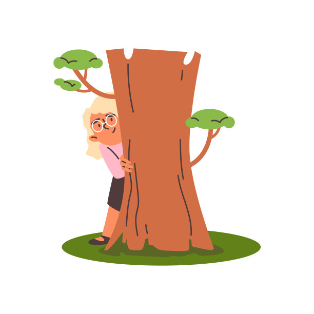 女孩躲在一棵树后面的游戏，卡通平面矢量插图孤立。图片下载