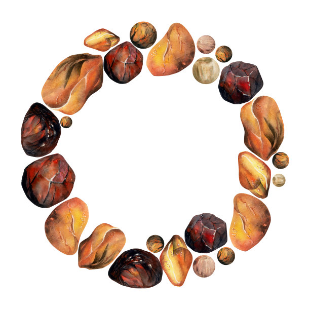 手绘水彩插图珍贵的半宝石宝石水晶脉轮出生石。琥珀石榴石。花环框架孤立在白色背景上。设计印刷，商店，珠宝，时尚图片下载
