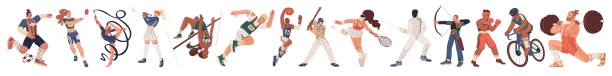 一组14张运动员的照片。夏季国际运动。坚强的人获得成功。矢量插图在平面风格隔离透明背景。图片下载