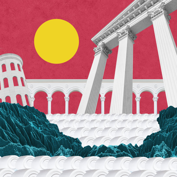 超现实的拼贴与元素的经典建筑。艺术海报，概念，杂志封面。古老的城市图片下载