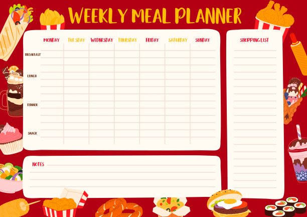 每周饮食计划，快餐，甜点，饮料图片下载