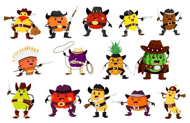 卡通水果牛仔，警长，护林员和强盗图片下载