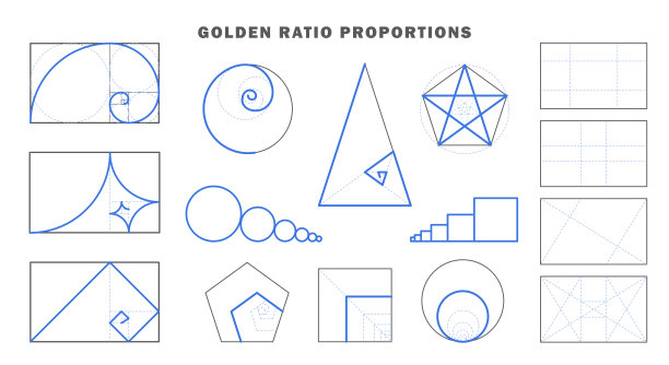 黄金比例比例模板。数学和几何序列网格，图像对称或平衡矢量背景与圆和神圣的线条图片下载