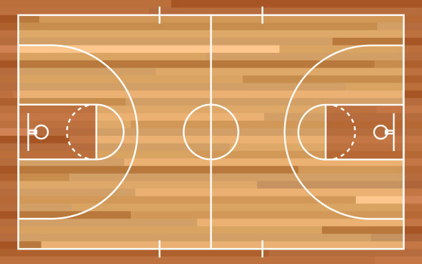 篮球场地板与线条上的木材纹理背景。矢量插图。篮球场平面矢量图标。图片下载