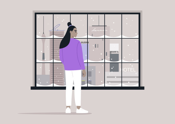 城市观察者沉思城市景观，一个人凝视着窗外高耸的摩天大楼图片下载