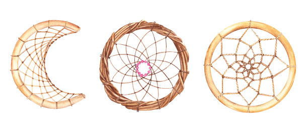 一套圆圆的捕梦网和月亮一样的镜框。用干树枝和木环、半环或带麻绳网的环扭成的质朴的花环。水彩手绘插图在白色的背景。图片下载
