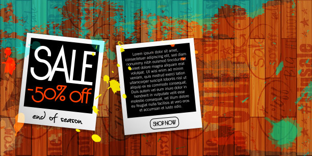 即时打印照片上的时尚木制背景的镶木地板与油彩笔画的垃圾效果。创意矢量模板与空白空间。图片下载