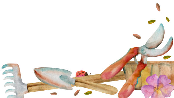 手绘水彩插画春天园艺工具，剪、铲、耙、木花盒。水平框架孤立在白色背景。设计印刷，商店，剪贴簿，包装图片下载