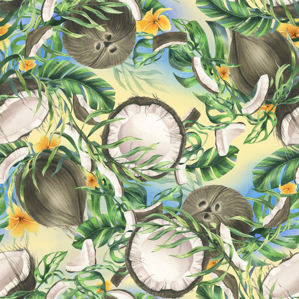 椰子整体，半和块明亮，绿色，热带棕榈叶和黄色的鸡蛋花。手绘水彩插图。无缝图案，背景。图片下载