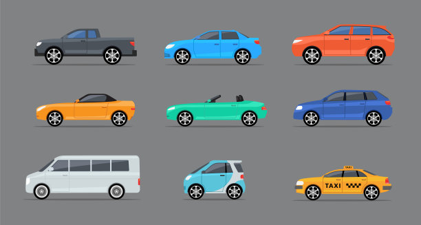 汽车侧视图轮廓矢量图标现代轿车公共汽车。矢量汽车侧面视图图标集图片下载