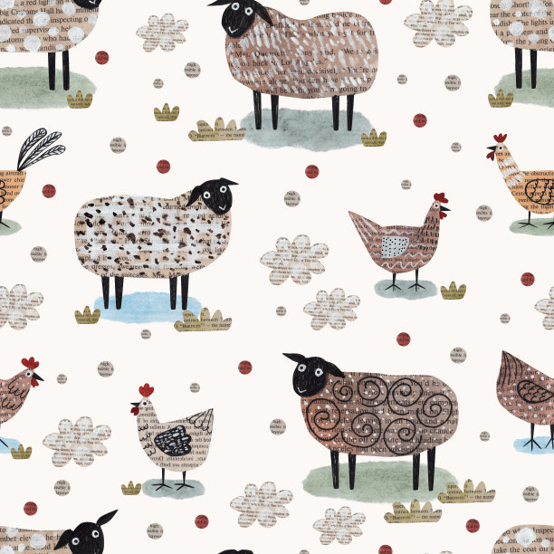 羊和鸡。报纸拼贴。孩子们的打印。无缝模式。图片下载