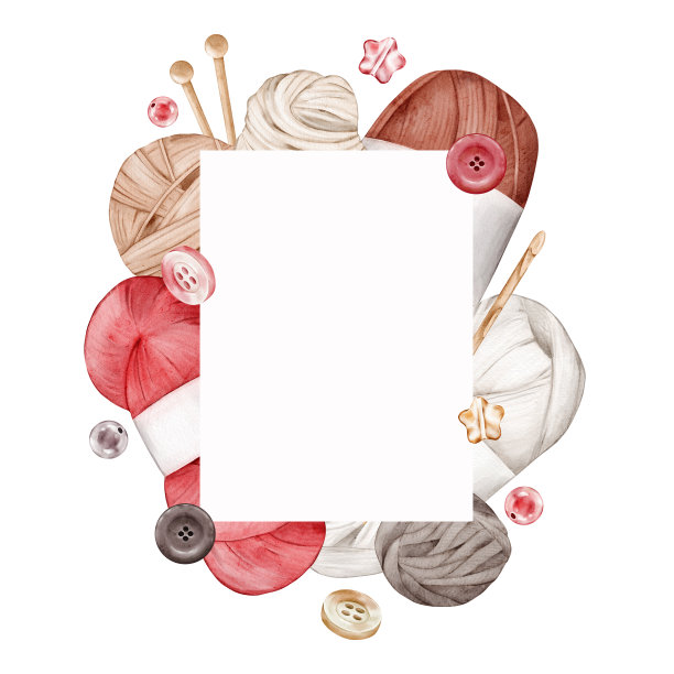 水彩框架用纱线绞，羊毛球，编织针，钩针，纽扣，珠子。模板明信片，证书，小册子图片下载