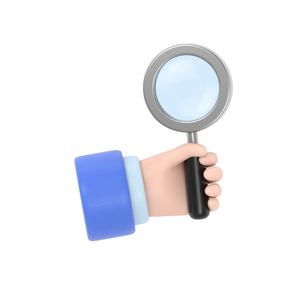 卡通手势图标模型。卡通人物手在医疗手套拿着放大镜。白色背景的3D渲染。图片下载