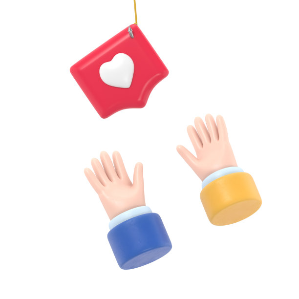 卡通手势图标模型。手伸向钩上有心形图案的别针。社会隐喻，揭示了观念的操纵和贪婪。白色背景的3D渲染。图片下载