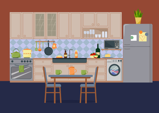 现代厨房内部与家具和厨房用具。桌子和椅子，冰箱和橱柜，洗衣机。水槽和炉子，做饭用的盘子。图片下载