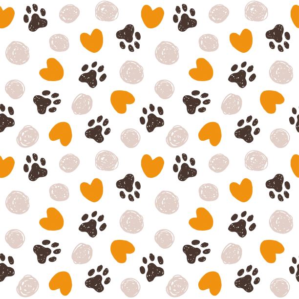 宠物爪印无缝图案与圆圈和心脏。手绘纹理猫，狗重复矢量背景。动物印花织物，纸张设计。图片下载