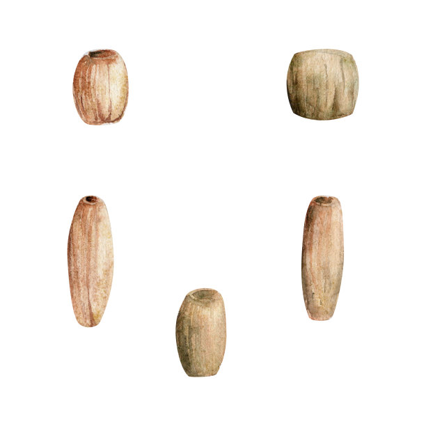 手绘水彩插画工艺爱好DIY手工木球珠石矿物岩石聚合物粘土。白色背景上孤立的单一物体。设计印刷，商店，配饰珠宝图片下载