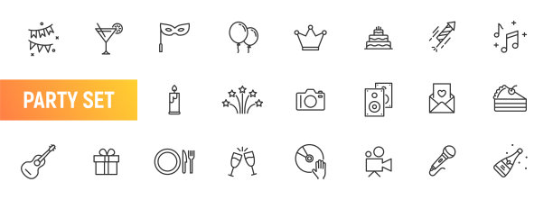 事件方线矢量图标集。快乐音乐生日提纲晚餐节日图标彩纸装饰标志图片下载