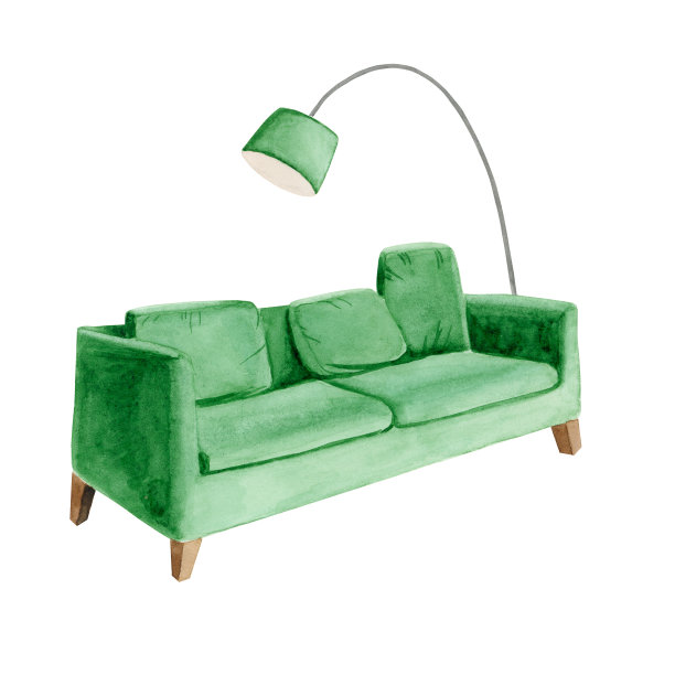 水彩绿色沙发和一盏灯图片下载