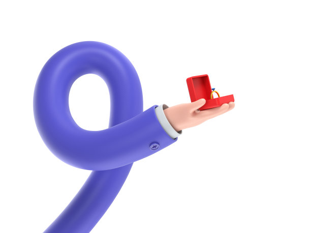 婚姻的建议。三维插图等距三维设计。男人手里拿着一个打开的盒子，里面装着结婚戒指和钻石。白色背景的3D渲染。长臂概念。图片下载