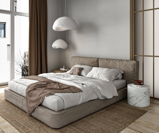 精致的卧室内饰，优雅的床上用品和独特的吊灯图片下载