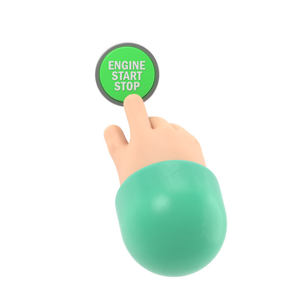 发动机启停系统。发动机启动。人将手指按在汽车电机的启动和停止按钮上。3D插图平面设计。白色背景的3D渲染。图片下载