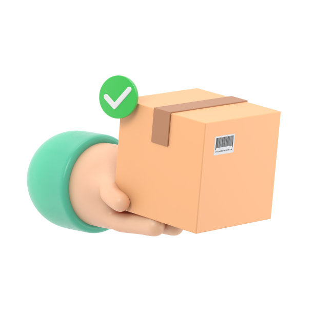 3D手握包裹与检查标记。用纸板箱交付订单。快速交付理念。由信使邮寄。卡通创意设计图标。白色背景3d渲染。图片下载