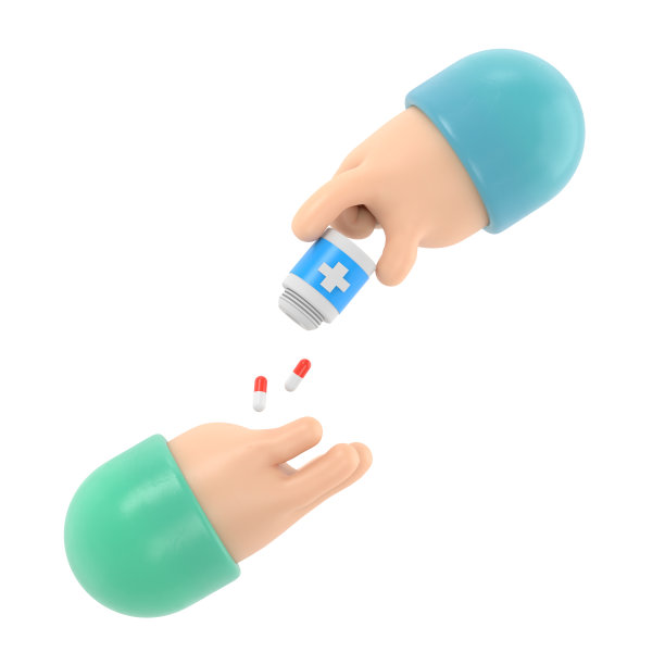 医生给病人服药。3D插画平面风格设计。手里拿着药瓶。医疗保健的概念。服用止痛药。白色背景的3D渲染。图片下载