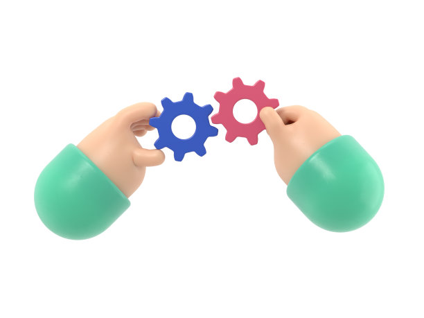 卡通手势图标模型。手绘的两只手握着齿轮的3D插图。白色背景的3D渲染。图片下载