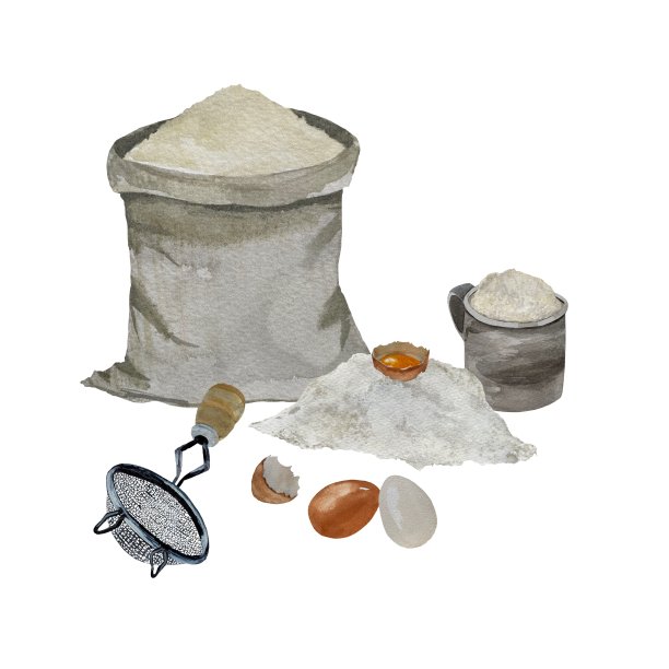 袋堆面粉鸡蛋筛子水彩画插图图片下载