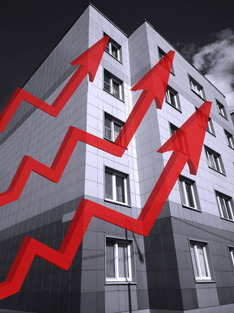 住宅建筑背景上的红色成长大三维箭头。房地产买卖租赁价格上涨。平的。条形图和图形。利率上升。公寓。图片下载