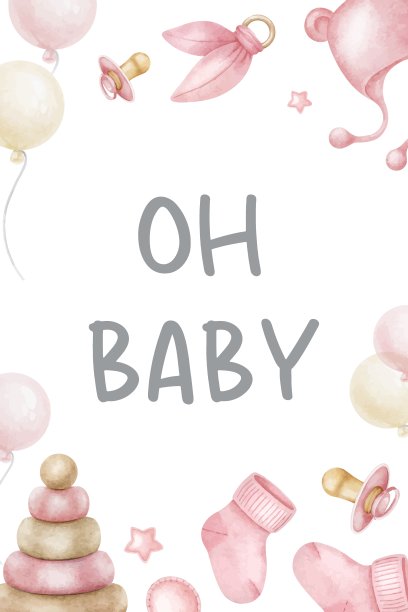 婴儿派对请柬。哦，宝贝铭文。贺卡与儿童金字塔，牙齿，袜子，奶嘴。新生女孩庆祝活动。新生儿聚会邀请模板。水彩插图。图片下载