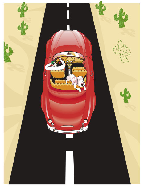 一个人开着他的老爷车带着他的狗在沙漠里行驶图片下载