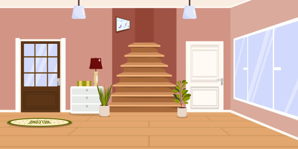 矢量插图的一个美丽的客厅。卡通场景有一个带楼梯的客厅，一扇门，一个放着书和台灯的床头柜，一块刻有“欢迎”字样的地毯，花盆。图片下载