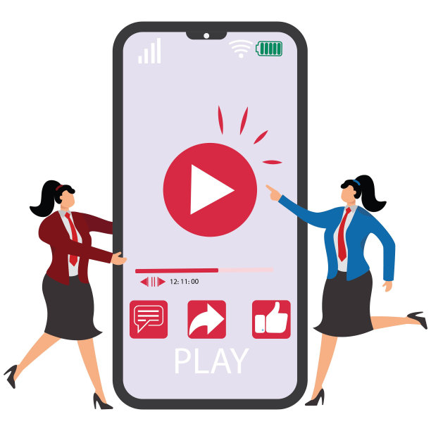 两名女商人展示着带有播放按钮的大屏幕智能手机图片下载